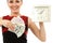 Time is money - businesswoman cheerful holding clock and cash in