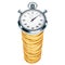 Time is money concept. Chronometer on the golden coins stack, 3D rendering