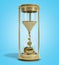 Time is money concept golden hourglass 3d render on blue gradient