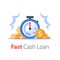 Time is money concept, stack of coins and stopwatch, easy loan, instant payment