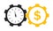 Time is money. Icon with clock and cog. Logo of wage and superannuation. Circles with hours and gear. Cash dollars after work.