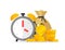 Time and money savings vector illustration, flat cartoon timer or alarm clock with lots of cash, financial waiting or