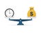 Time is money on scales icon. Money and time balance on scale. Vector stock illustration