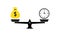 Time is money on scales icon. Money and time balance on scale. Weight with watches and cash coins. Time or money