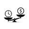 Time and money on scales icon. Money and time balance on scale. Weights clock and coin. Vector concept isolated sign