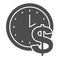 Time is money solid icon. Watch, clock and dollar symbol, glyph style pictogram on white background. Business or finance