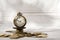 Time and money, vintage clock, pocket watch on a pile of coins