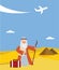 Time for passover vacation in Hebrew. moses with torah and suitcase