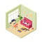 Time relax. Girl relaxing couch reading book. Isometric living room interior. Hygge time with pets