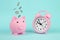 Time, Savings, Time is Money. Pink Piggy Bank Piggy Bank with Falling Coins and alarm clock, concept of savings. Financial savings