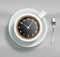 Time to drink coffee vector poster, banner design template. Cup of coffee with clock on saucer, top view illustration.