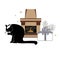 Time to Hygge, minimailstic Cristmas composition. Vector. Cozy fireplace, cat, present box, and christmas tree branches