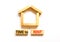 Time to rent house symbol. Concept words `Time to rent` on wooden blocks near miniature house. Beautiful white background, copy