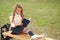 Time to study. Studying in school yard. Smart schoolgirl. Student adorable child in formal uniform relaxing outdoors