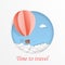 Time to  travel, balloon flying on the blue sky and cloud air transportation concept. vector illustration