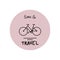 Time to travel by bicycle pink sticker. Time to travel concept. Raster illustration in doodle style.