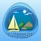 Time to travel emblem template. Sailing yacht at sea, palm trees and mayan pyramid on the shore.