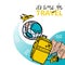 Time to travel. Motivational headline. Travel banner with cartoon suitcase, map, luggage tags and camera. Flying