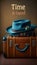 Time to travel, olf-fashioned poster with blue fedora hat on suitcase, AI generative