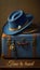 Time to travel, olf-fashioned poster with blue fedora hat on suitcase, AI generative