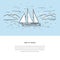 Time to travel sketch vector template in blue and white colors. Marine sketch hand drawn vector sailboat, mountains and sea