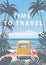 Time to travel Summer holidays vacation seascape landscape ocean sea beach, coast, palm leaves. Bus surfboard, retro