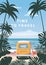 Time to travel Summer holidays vacation seascape landscape ocean sea beach, coast, palm leaves. Bus surfboard, retro