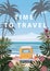 Time to travel Summer holidays vacation seascape landscape ocean sea beach, coast, palm leaves. Bus surfboard, retro