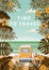 Time to travel Summer holidays vacation seascape landscape ocean sea beach, coast, palm leaves. Bus surfboard, retro