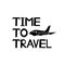 Time to travel text and black plane icon.