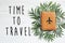 Time to travel text on passport with plane on green palm leaves