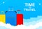 Time to Travel Tourism Poster Concept Front View with Red, yellow and blue Traveling Bag. Vector stock Illustration