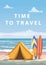 Time to travel. Tourist tent camping on the tropical beach, surfboards, palms. Summer vacation coastline beach sea