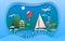 Time to travel vector illustration in paper cut style. Sea resort town, sailing yacht, pagoda, balloon, islands, dolphins.