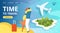 Time to travel website template with happy travelers people and plane, tourism vector illustration. Man and woman with