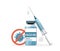 Time to vaccinate. Medical vial, bottle with vaccine, syringe and coronavirus stop icon. Vector illustration in blue