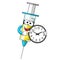 Time to vaccinate Smiling cartoon character mascot medical syringe vaccine clock vector illustration isolated