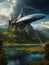 Time travel, a big spaceship Flying over a medieval Castle, in the valley near a lake, generative ai illustration