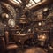 A time-traveler steampunk house filled with gears, gadgets, and anachronistic decor