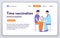 Time vaccination web banner. Doctor man giving free flu vaccination shot to hand male patient flat vector illustration. Concept