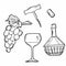 Time for wine vector hand drawn sketch illustration. Human hand holding wine glass. Bottle, cheese, grape vine, cork, corkscrew,