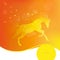 Time year - autumn. Brightly glowing vector illustration of a galloping horse. Juicy yellow orange background. Design