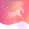 Time year - spring. Delicate glowing vector illustration of a galloping horse. Gentle pink yellow background. Design