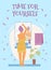 Time for yourself banner with woman in bathroom, flat vector illustration.