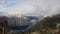 Timelapse of bird view of fjord in Norway with fog