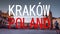 Timelapse, fast motion, view of the central square, animated text Travel to Poland Krakow. Historic city center, travel and touris