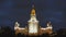 Timelapse of Moscow state University building illuminated at night, Moscow Russia