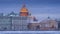 Timelapse of St Isaac`s Cathedral with night lights and Neva river ice in St Petersburg, Russia