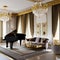 Timeless Elegance: A classic living room featuring a grand piano, velvet drapes, and gilded frames adorning the walls The space