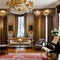 Timeless Elegance: A classic living room featuring a grand piano, velvet drapes, and gilded frames adorning the walls The space